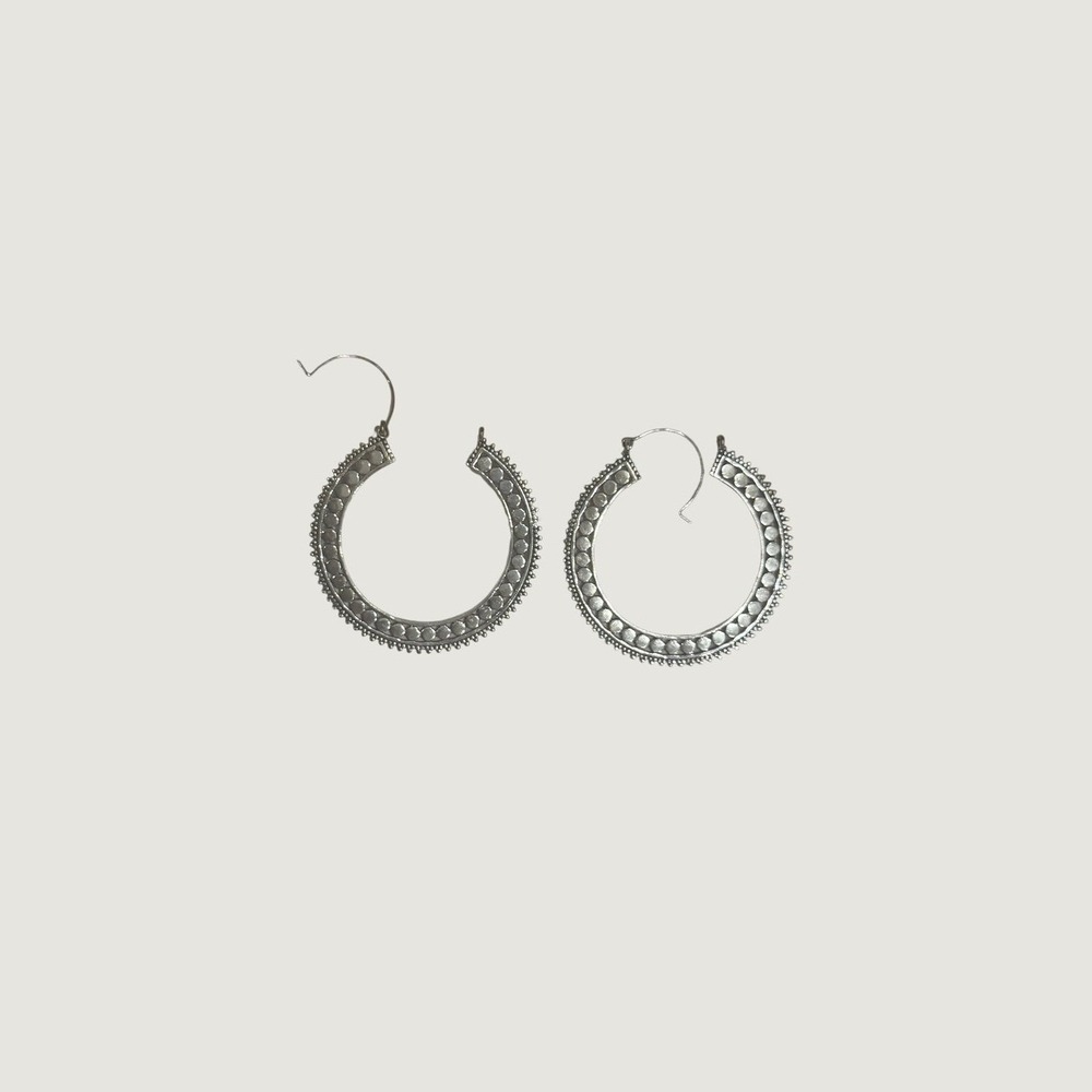 Boho Silver Tone Textured Studded Hoop Earrings Tribal Gypsy Festival Style - Picture 2 of 4